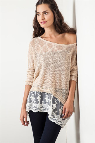 Tan Lace Bottom Sweater