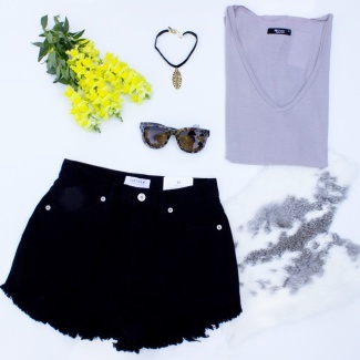 Summer is in full force - we are loving this little casual ensemble for those sunny summer days! Black Ripped Denim Shorts ($49) + Jerry V-Neck Sleeveless Tee ($54) + Vanessa Mooney Black Velvet Western Charm Choker ($49) + Wonderland Colony Sunglasses in Carmel Tortoise ($155)! Shop this look online now or this weekend with us at #denverflea!